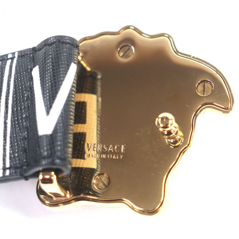 Versace Leather Medusa Buckle Logo All Over Pattern Belt Black Gold Hardware 85