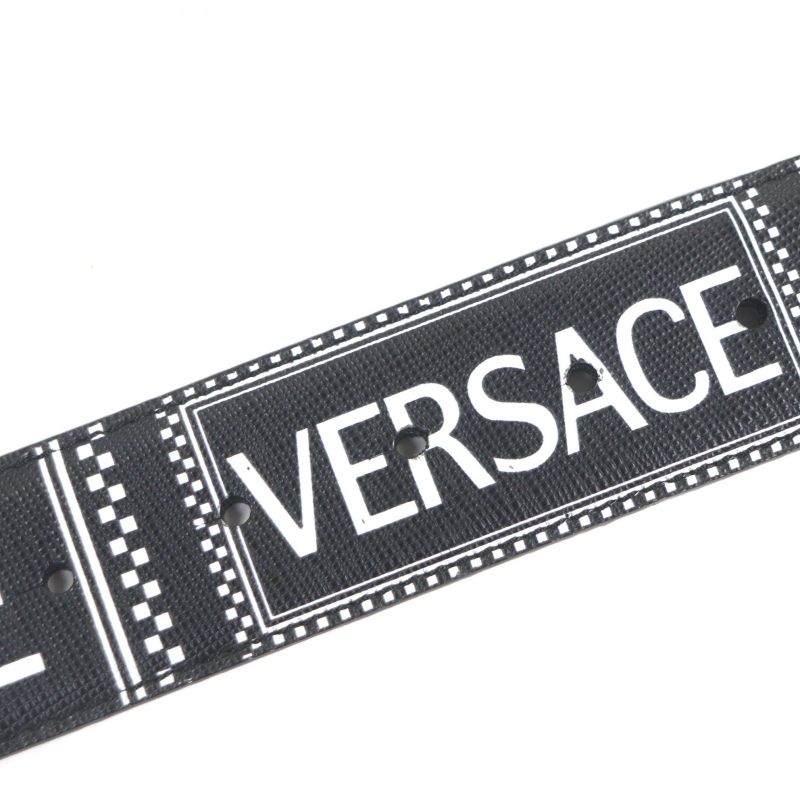 Versace Leather Medusa Buckle Logo All Over Pattern Belt Black Gold Hardware 85