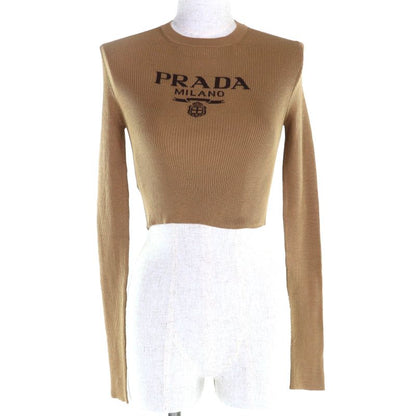 Prada 25ss P24s1g Recycled Silk 100% Logo Cropped Sweater Long Sleeve Knit Brown 38 Made in Italy