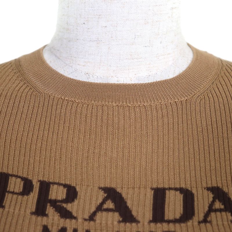 Prada 25ss P24s1g Recycled Silk 100% Logo Cropped Sweater Long Sleeve Knit Brown 38 Made in Italy