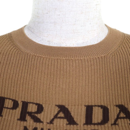 Prada 25ss P24s1g Recycled Silk 100% Logo Cropped Sweater Long Sleeve Knit Brown 38 Made in Italy