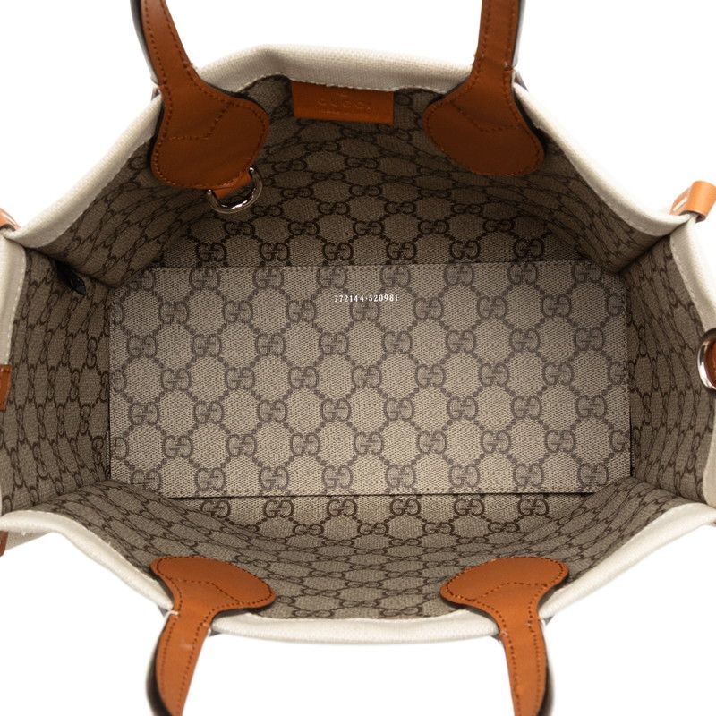 Gucci Logo Print Handbag Tote Bag 772144 Ivory Brown Canvas Leather Women's