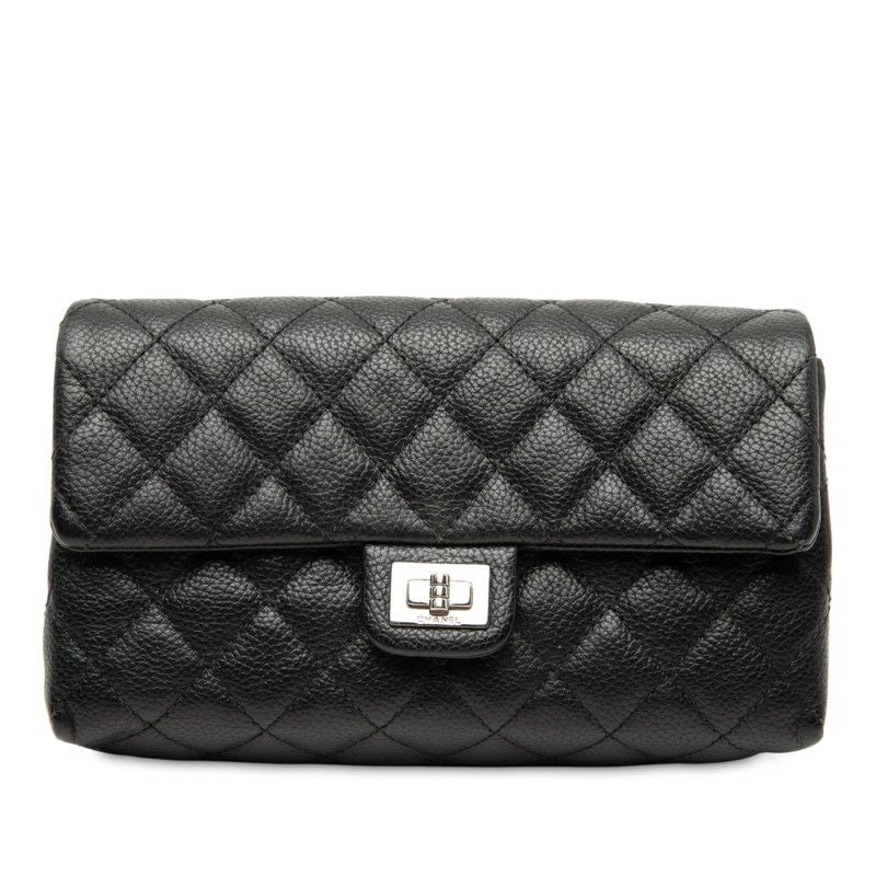 Chanel 2.55 Matelasse Pouch Clutch Bag Black Caviar Skin Women's Chanel