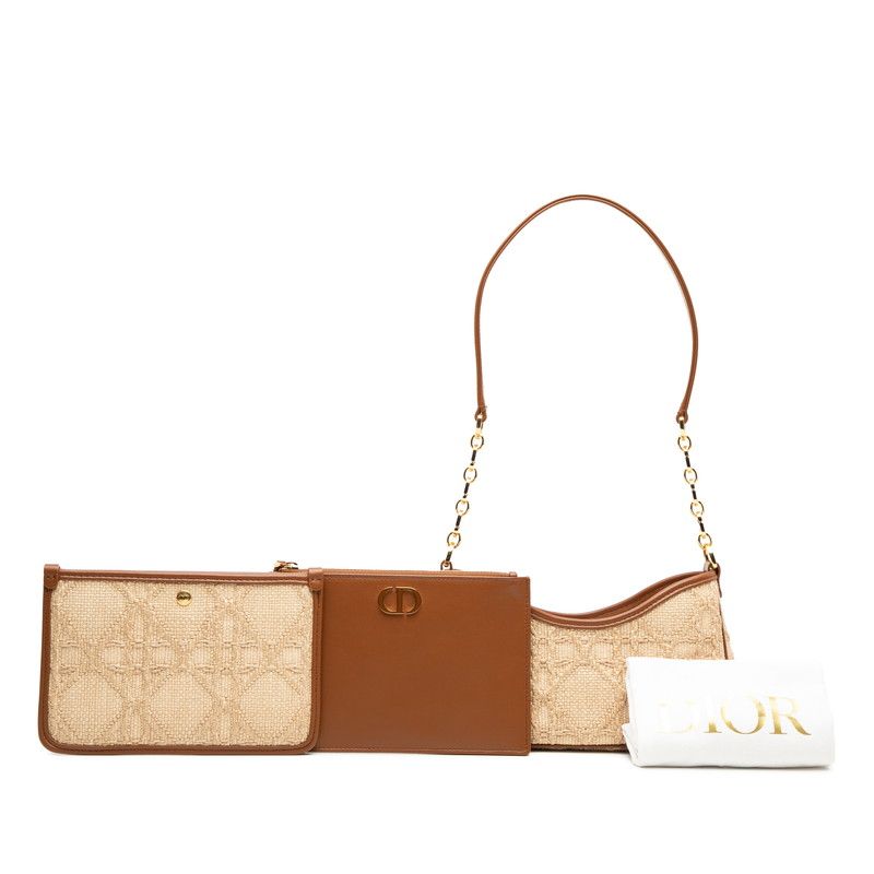 Dior 30 Montaigne Hobo Avenue Chain Handbag Beige Brown Raffia Leather Women's