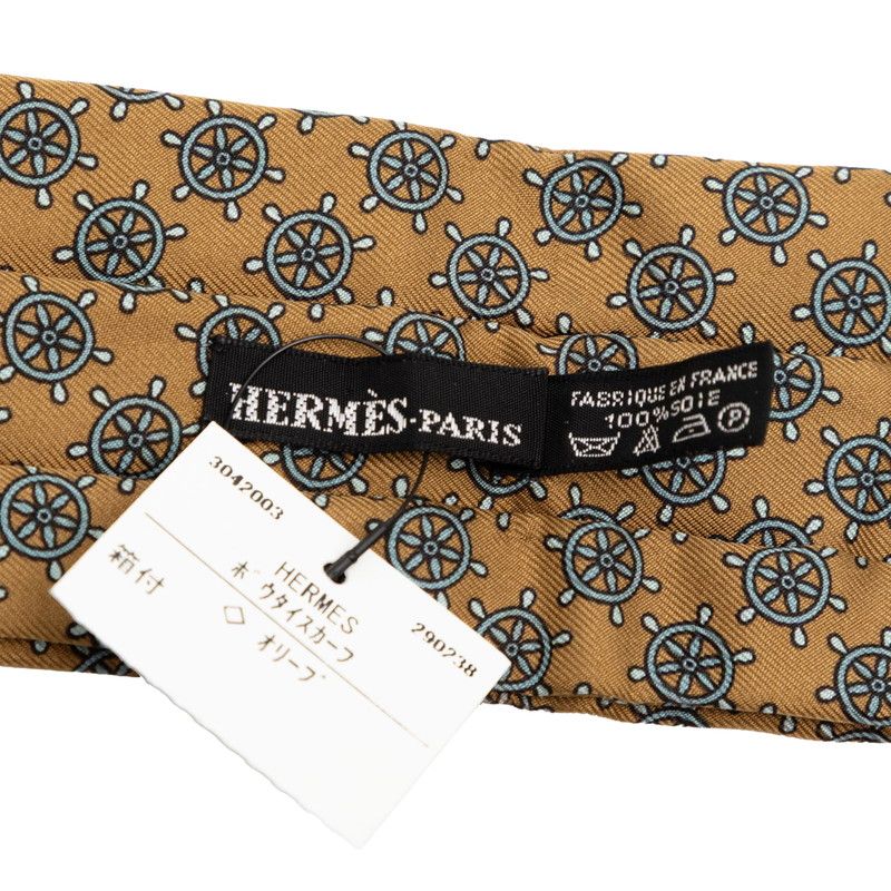 Hermes Ascot Tie Rudder Motif Khaki Blue Silk Men's Hermes