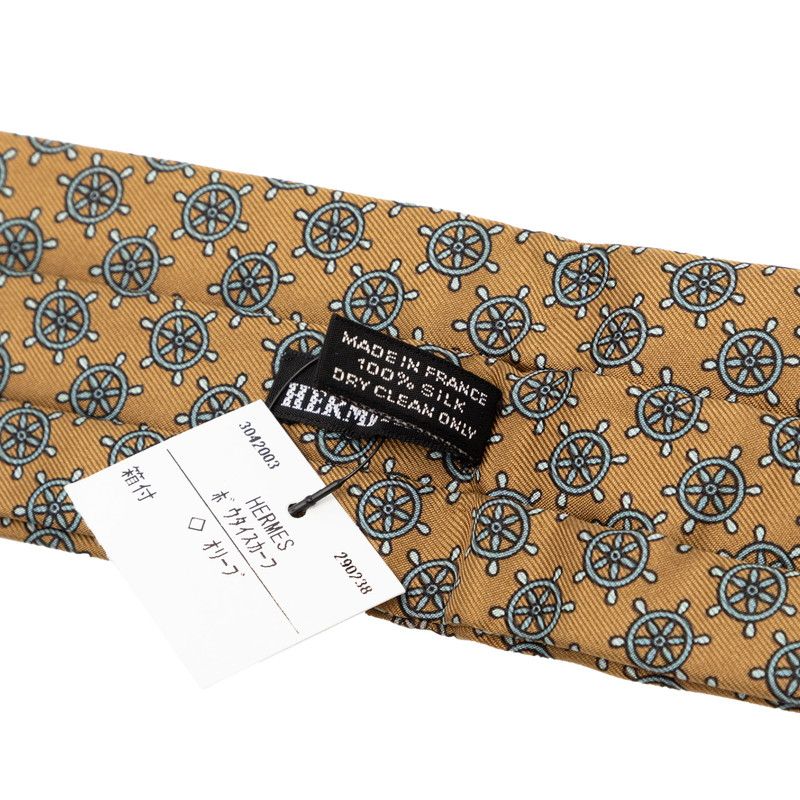 Hermes Ascot Tie Rudder Motif Khaki Blue Silk Men's Hermes