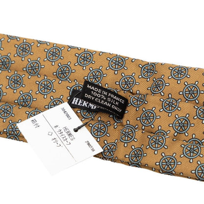 Hermes Ascot Tie Rudder Motif Khaki Blue Silk Men's Hermes