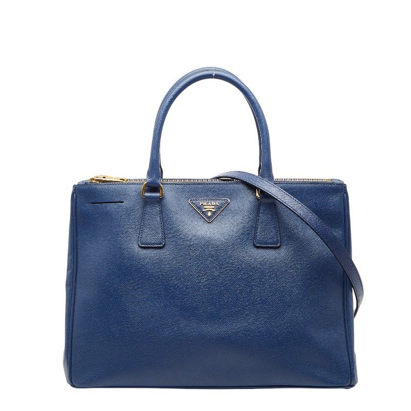 Prada Triangle Logo Plate Galleria Handbag Shoulder Bag 2way Blue Saffiano