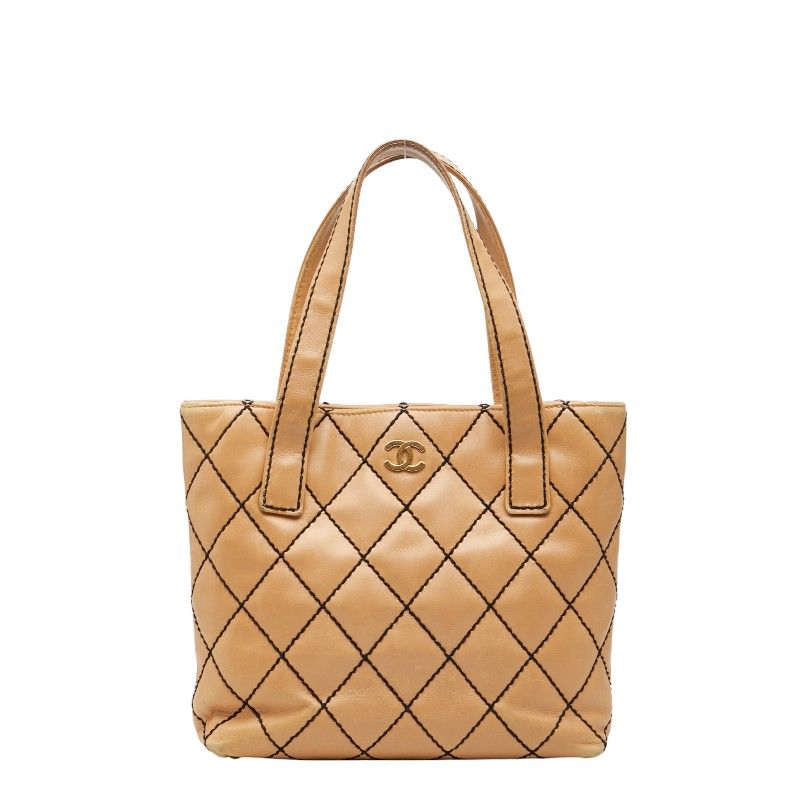 Chanel Wild Stitch Coco Mark Beige Black Leather Women's Chanel