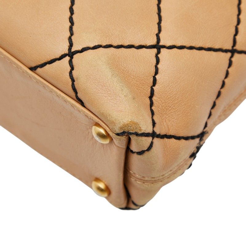 Chanel Wild Stitch Coco Mark Beige Black Leather Women's Chanel