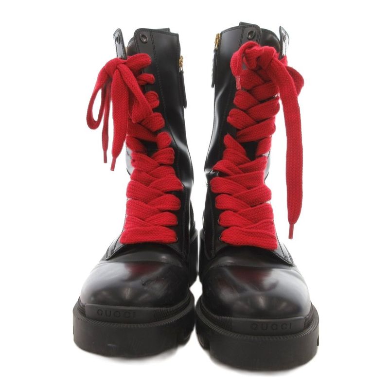 Gucci Sherry Line Long Boots Lace Up Leather 583338 37.5 Black JS • GY62