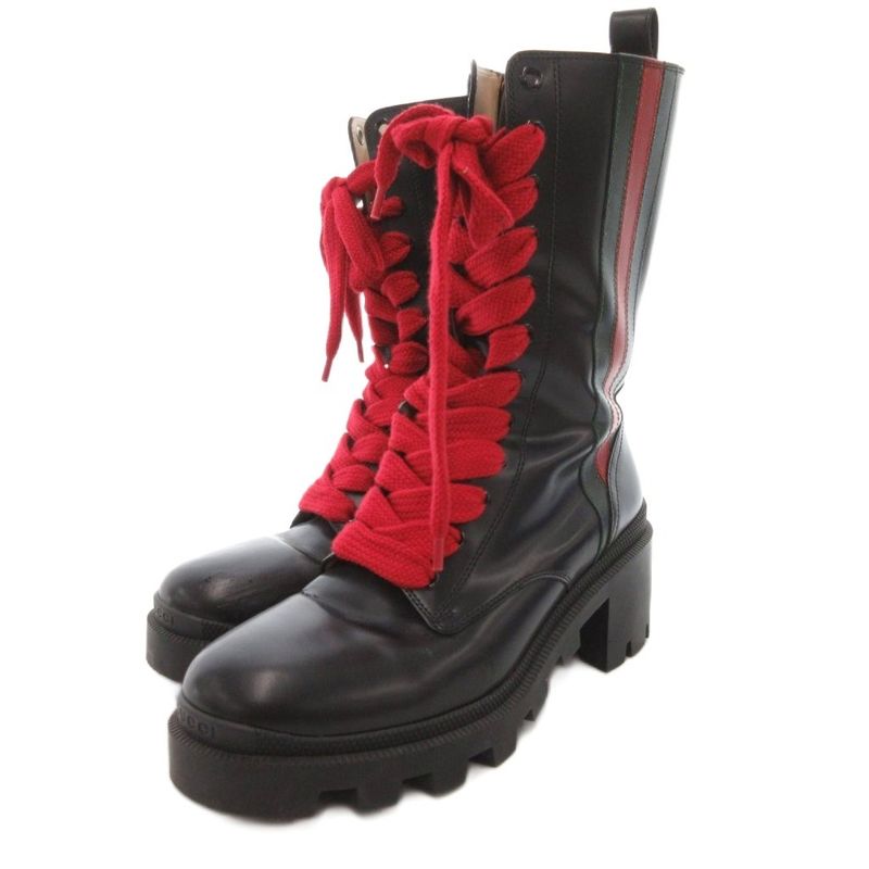 Gucci Sherry Line Long Boots Lace Up Leather 583338 37.5 Black JS • GY62