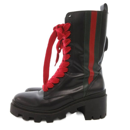 Gucci Sherry Line Long Boots Lace Up Leather 583338 37.5 Black JS • GY62