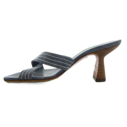 Chanel Coco Mark Denim Mule Heel Sandals Square Toe Canvas 37 Blue GV GY62