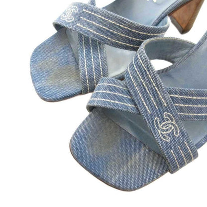 Chanel Coco Mark Denim Mule Heel Sandals Square Toe Canvas 37 Blue GV GY62