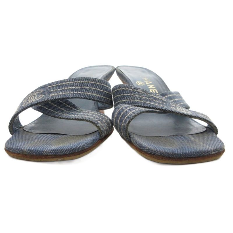 Chanel Coco Mark Denim Mule Heel Sandals Square Toe Canvas 37 Blue GV GY62