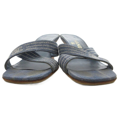 Chanel Coco Mark Denim Mule Heel Sandals Square Toe Canvas 37 Blue GV GY62