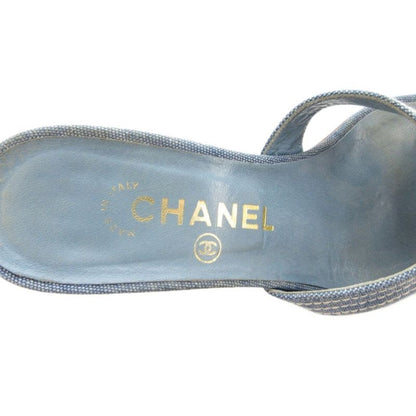 Chanel Coco Mark Denim Mule Heel Sandals Square Toe Canvas 37 Blue GV GY62