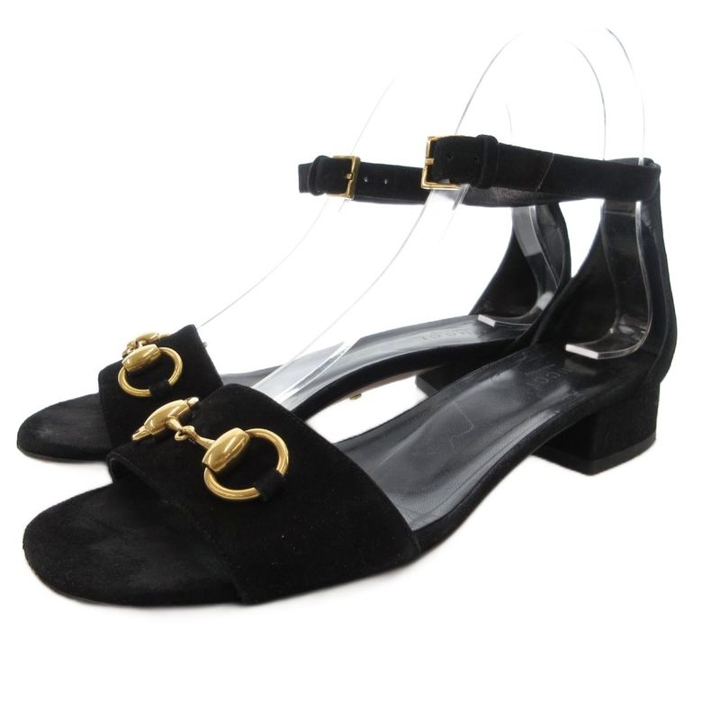 Gucci Horsebit Ankle Strap Sandals Low Heel Suede 36 Black GV • GY62