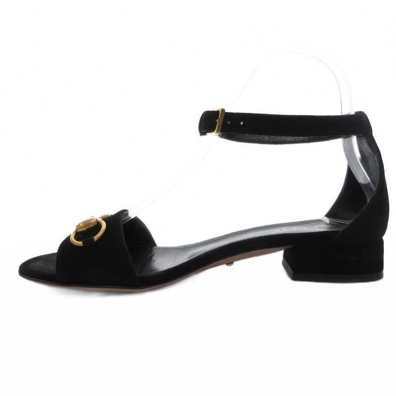 Gucci Horsebit Ankle Strap Sandals Low Heel Suede 36 Black GV • GY62