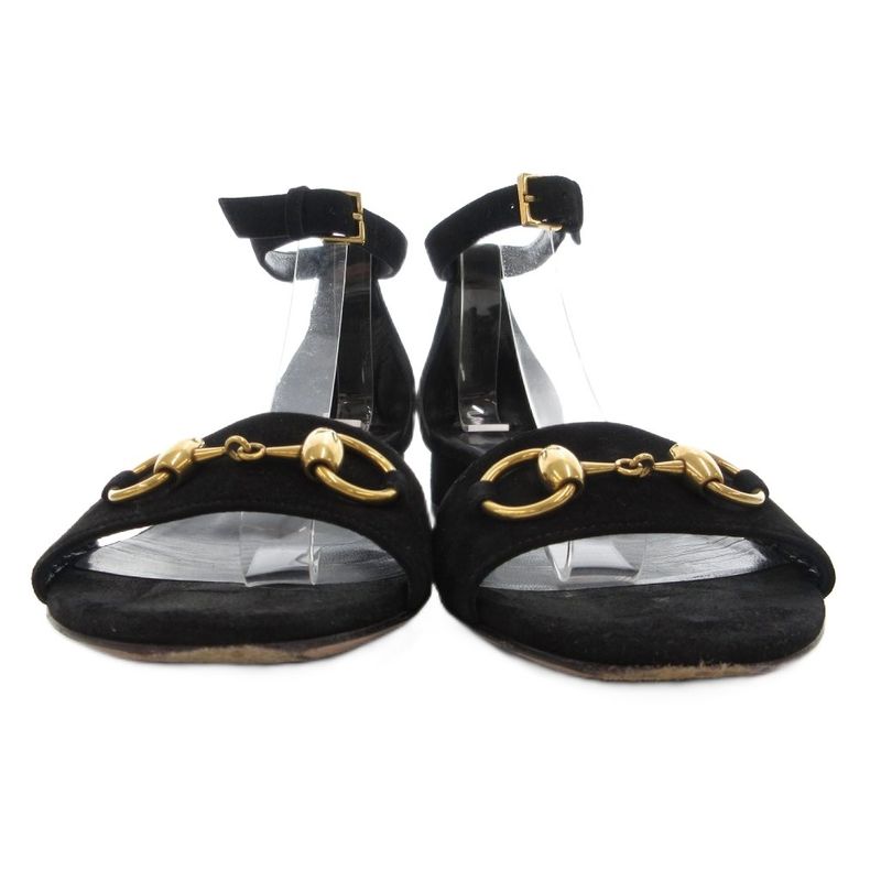 Gucci Horsebit Ankle Strap Sandals Low Heel Suede 36 Black GV • GY62