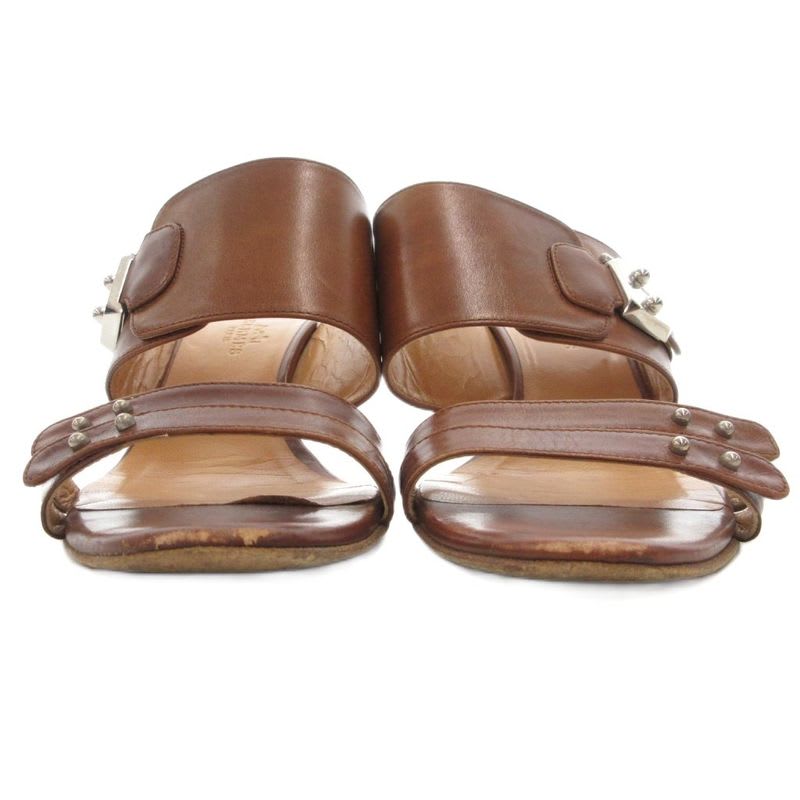 Hermes Leather Wide Belt Strap Sandals Mule Silver Hardware 36 Brown GV GY62
