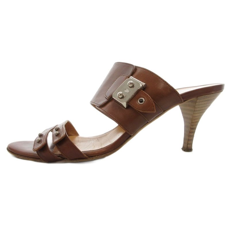 Hermes Leather Wide Belt Strap Sandals Mule Silver Hardware 36 Brown GV GY62