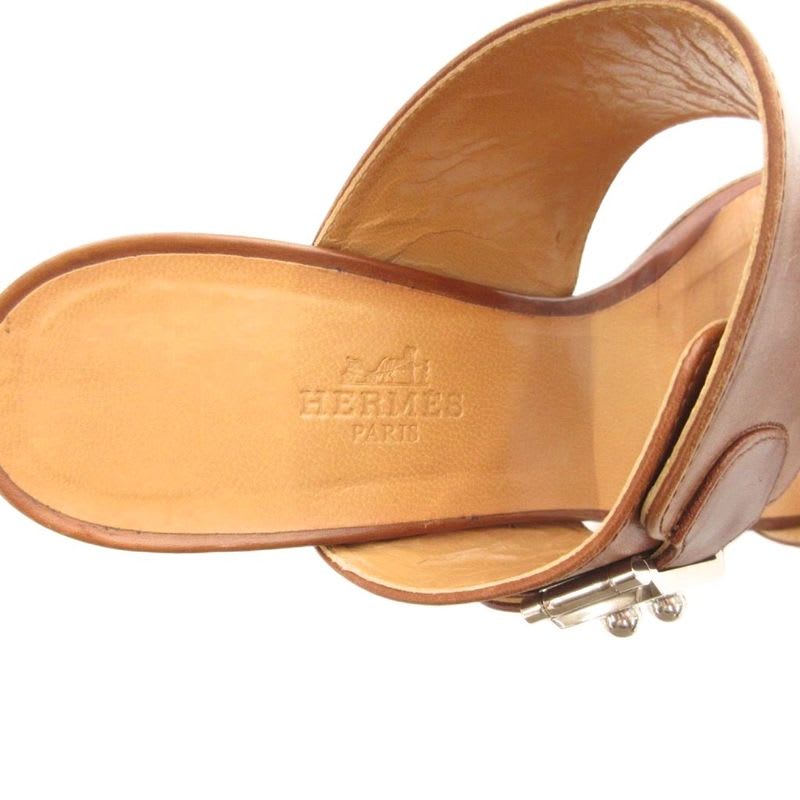 Hermes Leather Wide Belt Strap Sandals Mule Silver Hardware 36 Brown GV GY62