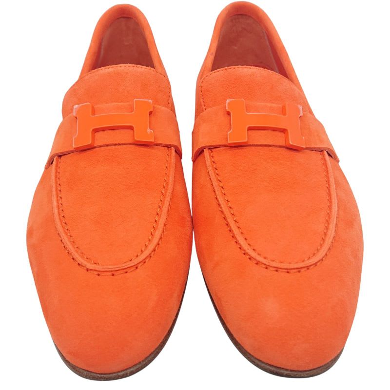 Hermes Moccasins Paris Suede Leather H Logo Loafers Shoes Orange 38 2022