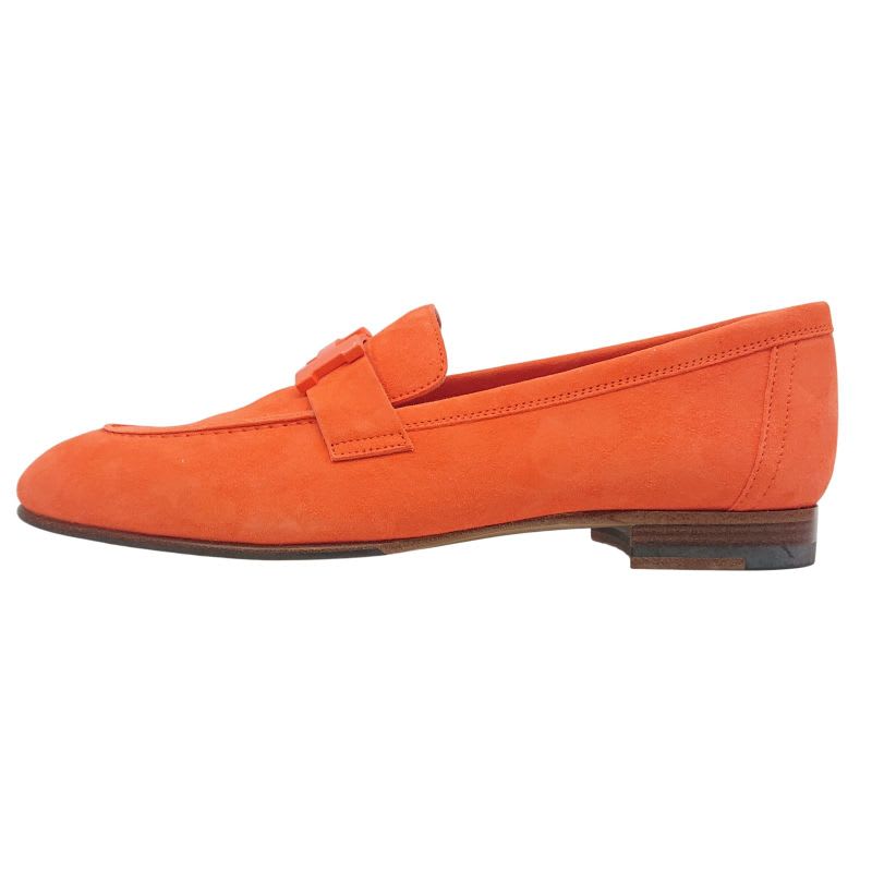 Hermes Moccasins Paris Suede Leather H Logo Loafers Shoes Orange 38 2022