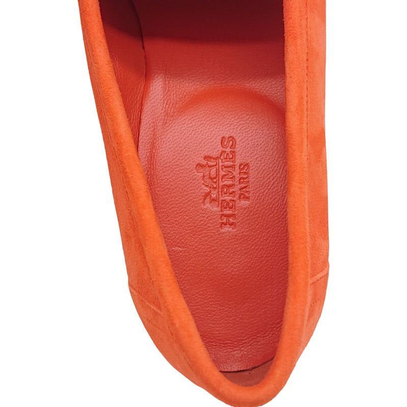 Hermes Moccasins Paris Suede Leather H Logo Loafers Shoes Orange 38 2022