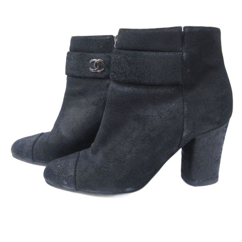Chanel Suede Coco Mark Short Boots Heel Side Zip Black 36 Approx 23 cm