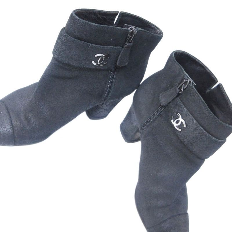 Chanel Suede Coco Mark Short Boots Heel Side Zip Black 36 Approx 23 cm