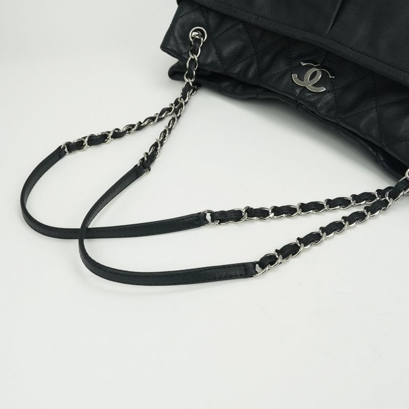 Chanel Quilted Bag Tote Leather Black Silver Hardware Coco
