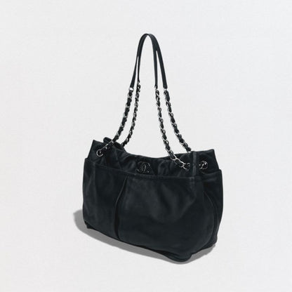 Chanel Quilted Bag Tote Leather Black Silver Hardware Coco