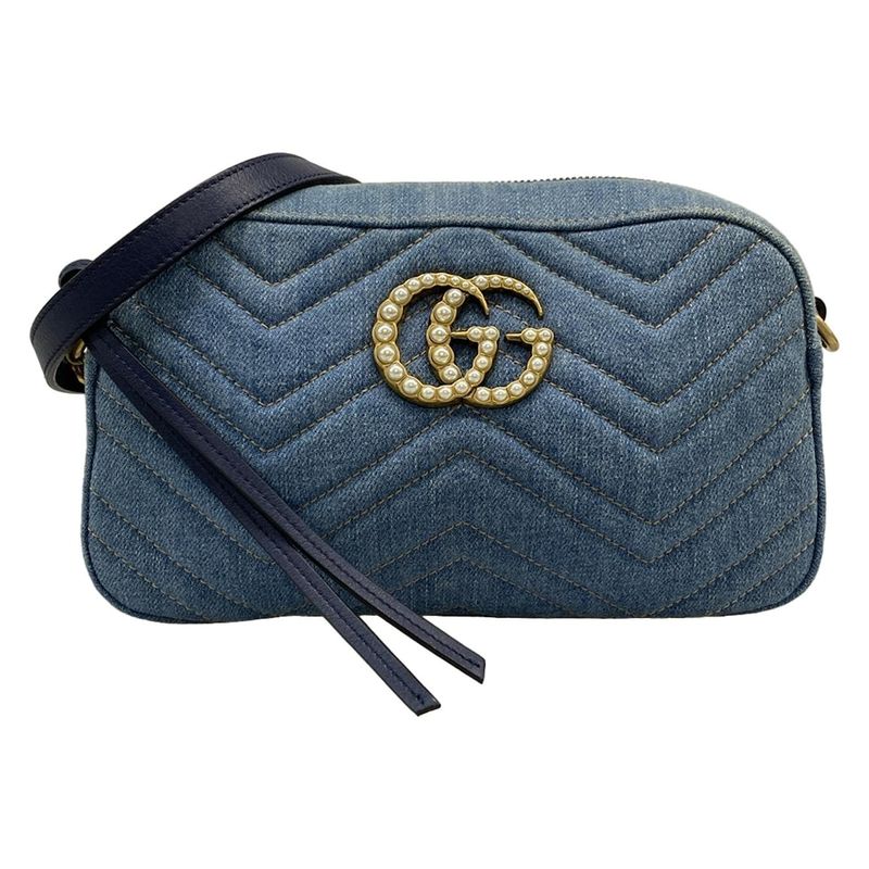 Gucci Shoulder Bag Ggmarmont 447632 Blue X Navy Chain Shoulder Faux Pearl