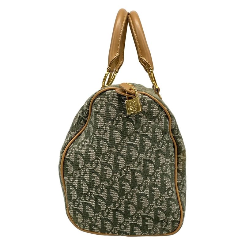 DIOR Christian Dior Handbag Trotter Green X Beige Mini Boston Leather