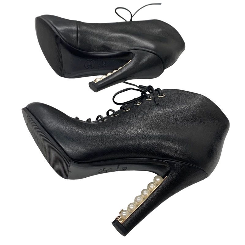 Chanel Boots Short Boots Booties Lace Up Coco Mark Pearl Leather Black