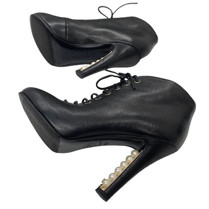 Chanel Boots Short Boots Booties Lace Up Coco Mark Pearl Leather Black