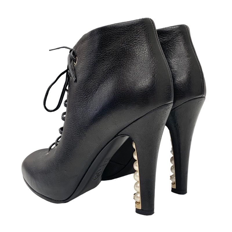 Chanel Boots Short Boots Booties Lace Up Coco Mark Pearl Leather Black