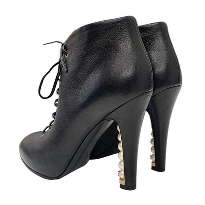Chanel Boots Short Boots Booties Lace Up Coco Mark Pearl Leather Black