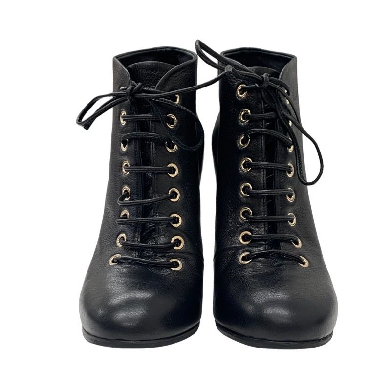 Chanel Boots Short Boots Booties Lace Up Coco Mark Pearl Leather Black