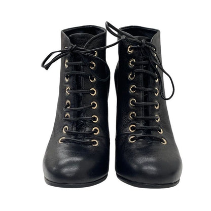 Chanel Boots Short Boots Booties Lace Up Coco Mark Pearl Leather Black