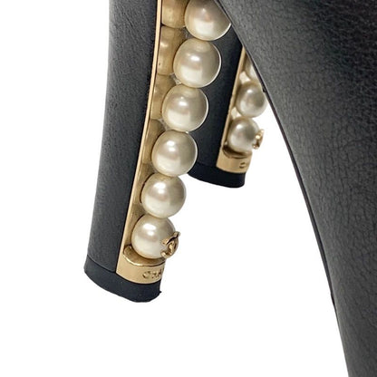 Chanel Boots Short Boots Booties Lace Up Coco Mark Pearl Leather Black