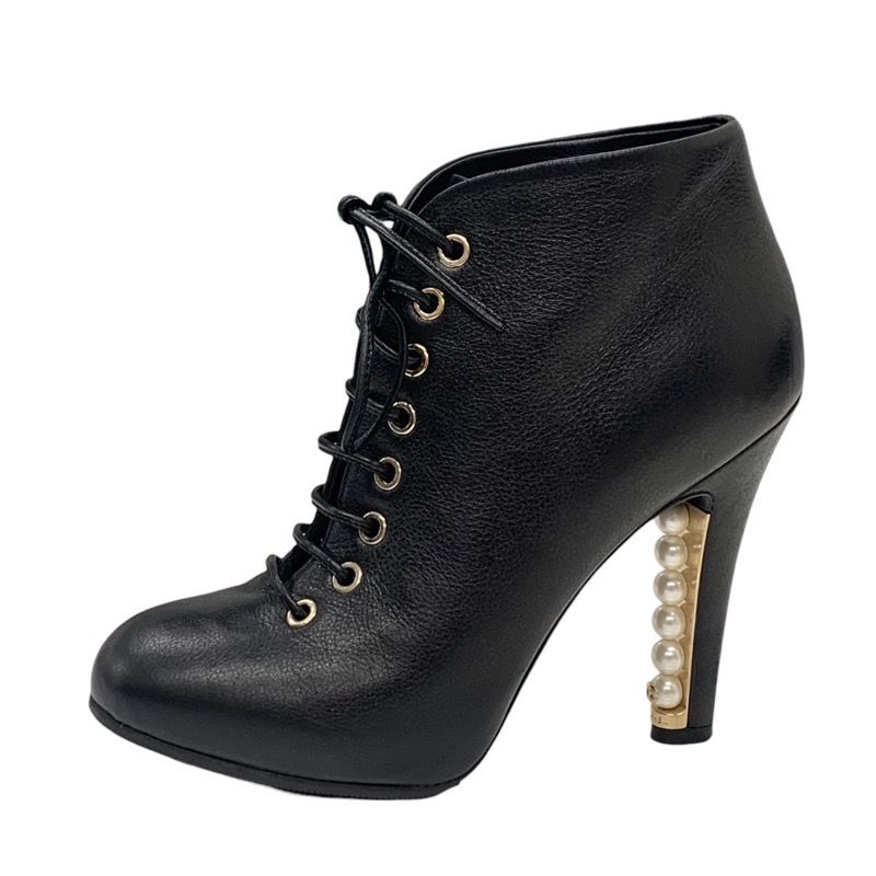 Chanel Boots Short Boots Booties Lace Up Coco Mark Pearl Leather Black
