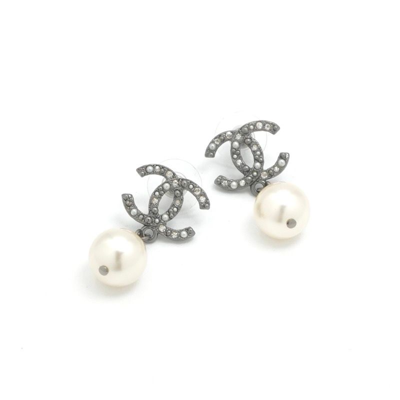 Chanel Earrings Silver Coco Mark Rhinestone Pearl
