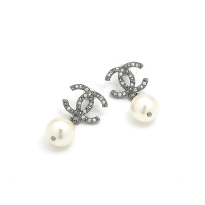 Chanel Earrings Silver Coco Mark Rhinestone Pearl