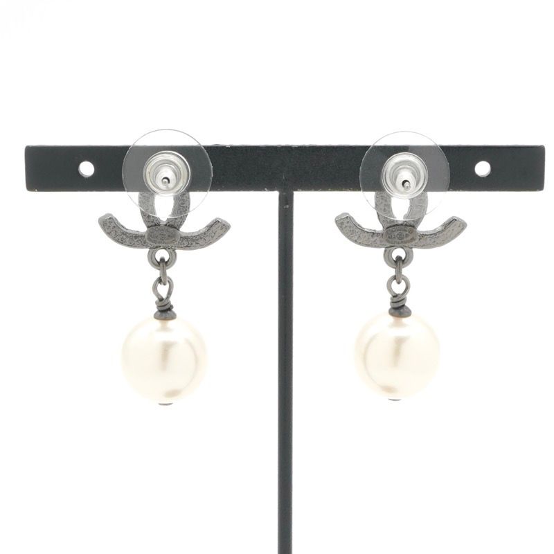 Chanel Earrings Silver Coco Mark Rhinestone Pearl
