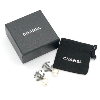 Chanel Earrings Silver Coco Mark Rhinestone Pearl