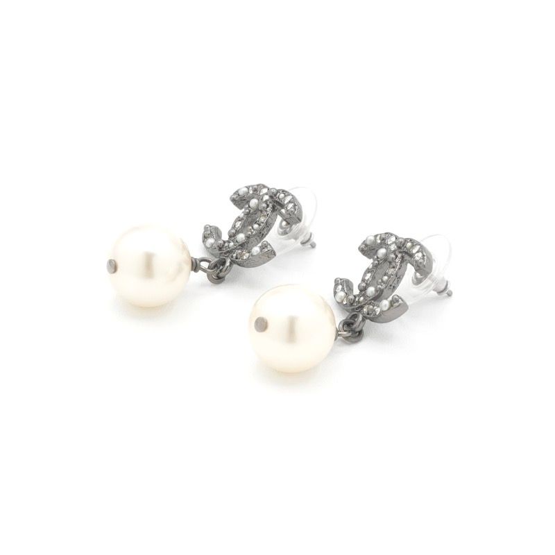 Chanel Earrings Silver Coco Mark Rhinestone Pearl